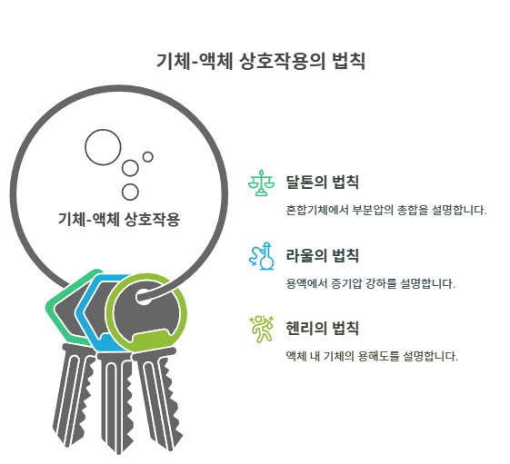 달톤의 법칙은 혼합기체의 부분압 총합, 라울의 법칙은 용액에서 증기압 강하, 헨리의 법칙은 기체의 액체 내 용해도를 각각 설명하며, 공기 중 증기압–기체 흡수–용해의 연계 과정에서 서로 밀접하게 연결된다.