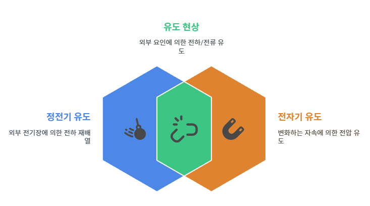 정전기 유도는 대전체 근처의 도체에서 전기장이 작용해 전하가 분리되는 현상이고, 전자기 유도는 자기장의 시간적 변화로 전류가 유도되는 현상이다. 두 현상 모두 외부 영향으로 전하 또는 전류가 유도된다는 공통점이 있다.