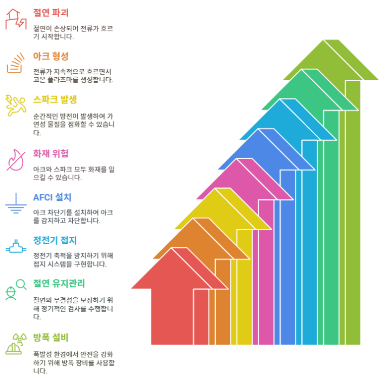 아크는 절연 파괴 후 지속적인 전류가 흐르며 고온의 플라즈마를 형성해 화재 위험이 크고, 스파크는 순간적인 방전으로 가연성 물질 착화 우려가 있다. 아크차단기, 접지 등 예방대책이 필요하다.