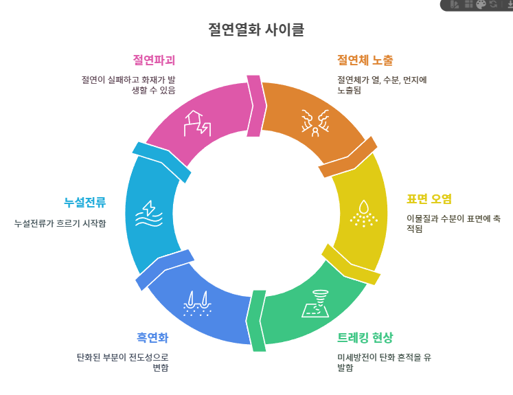 절연열화는 절연체가 열, 습기, 전기장 등에 장기간 노출되어 절연성이 저하되는 현상이다. 이로 인해 표면에 탄화흔이 생기며 트레킹(tracking)이 발생하고, 전류가 흐를 수 있는 길이 형성된다. 트레킹이 심해지면 흑연화가 일어나 전도성이 증가하고 화재 위험이 커진다.