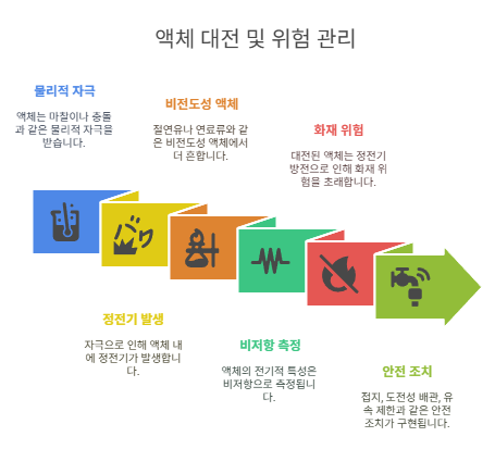 액체는 마찰, 충돌, 분사 등에 의해 대전되며, 저항율이 높을수록 정전기 축적 위험이 크다. 대전된 액체는 방전 시 화재나 폭발을 유발할 수 있어 접지, 도전성 배관, 유속 제한 등 예방조치가 필요하다.
