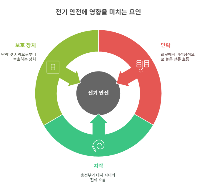 단락은 전기회로에서 두 상 또는 상과 중성선 사이가 저항 없이 연결되어 큰 고장전류가 흐르는 상태를 말하며, 이는 화재나 기기 손상을 유발할 수 있다. 지락은 전선 등의 활선이 대지와 접촉하여 전류가 지면을 통해 흐르는 현상으로, 감전사고나 장비 고장을 일으킬 수 있다.